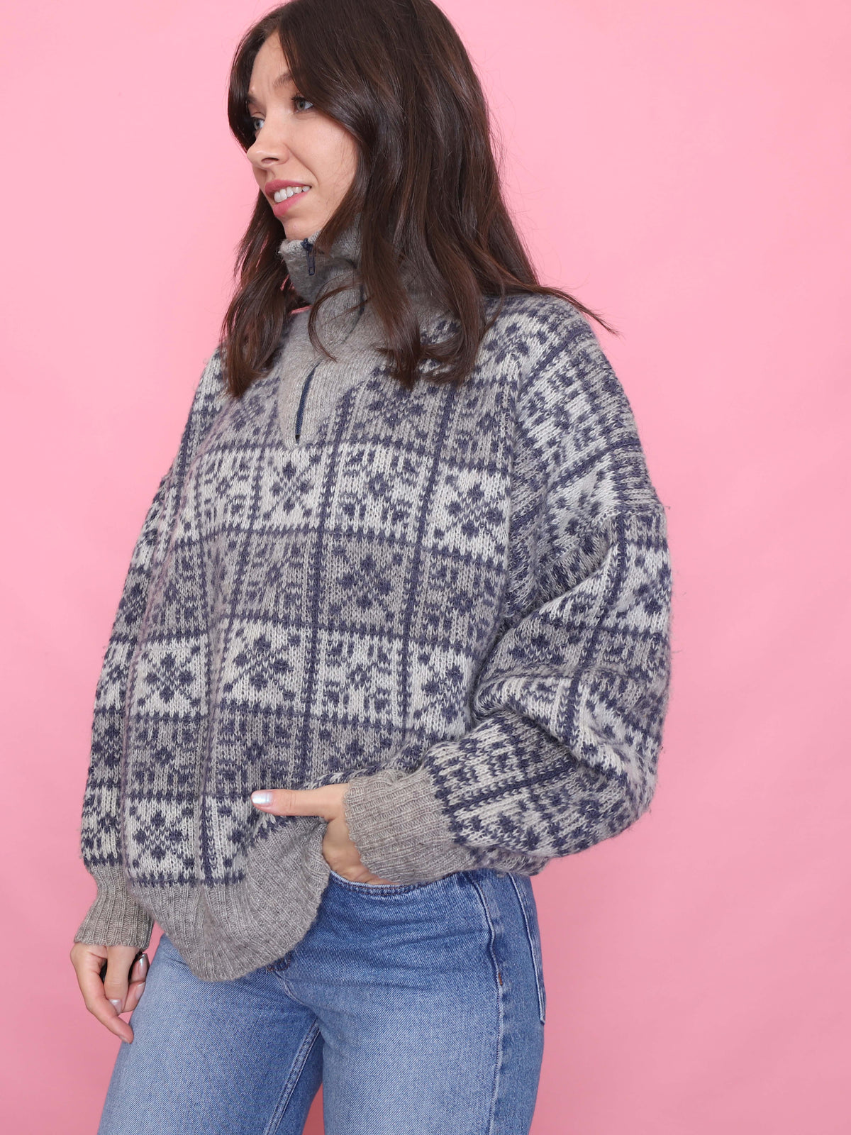 Vintage Pattern 1/4 Zip Knit Jumper Grey & Blue