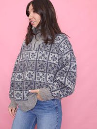 Vintage Pattern 1/4 Zip Knit Jumper Grey & Blue