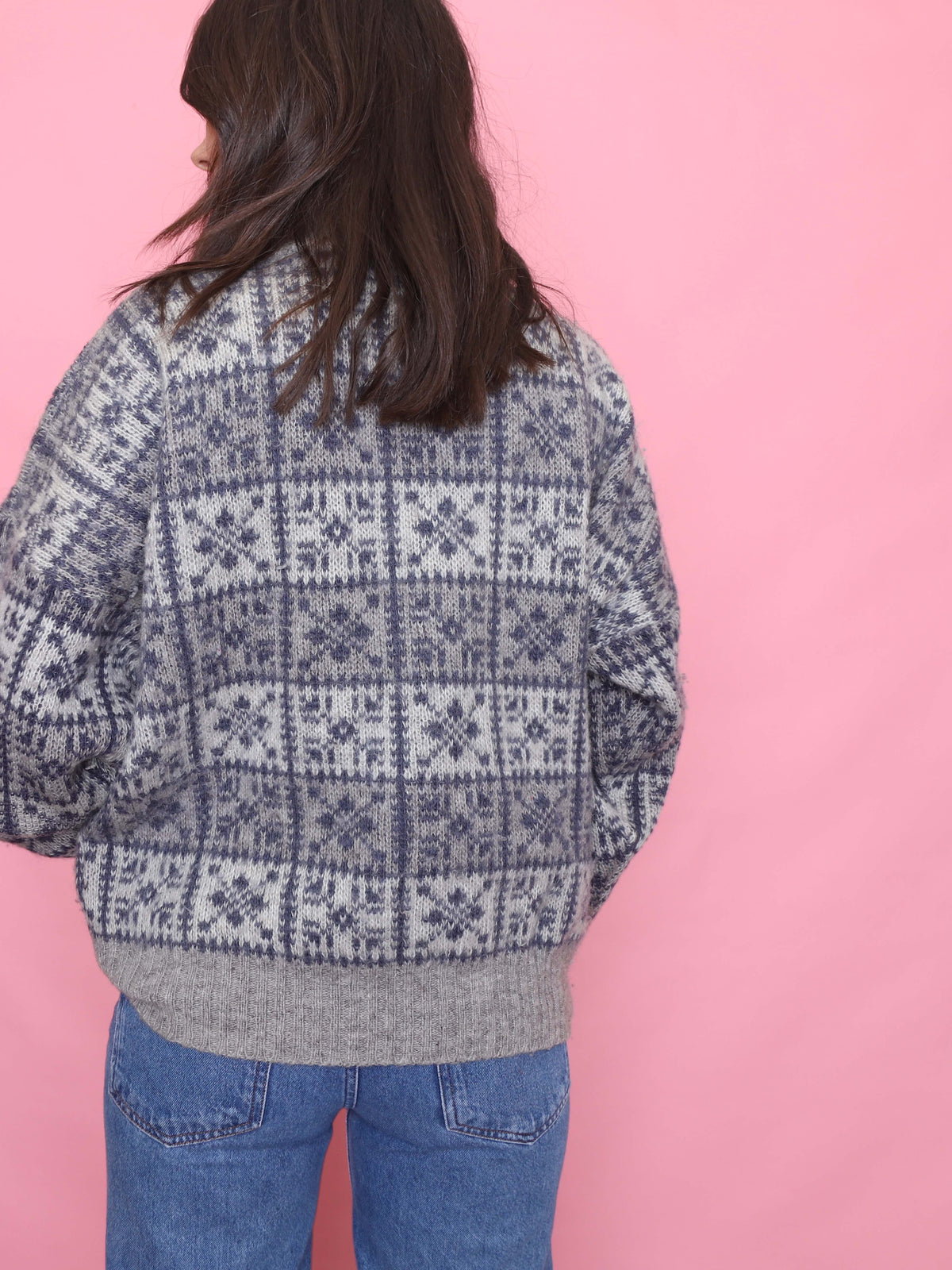 Vintage Pattern 1/4 Zip Knit Jumper Grey & Blue
