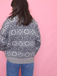 Vintage Pattern 1/4 Zip Knit Jumper Grey & Blue