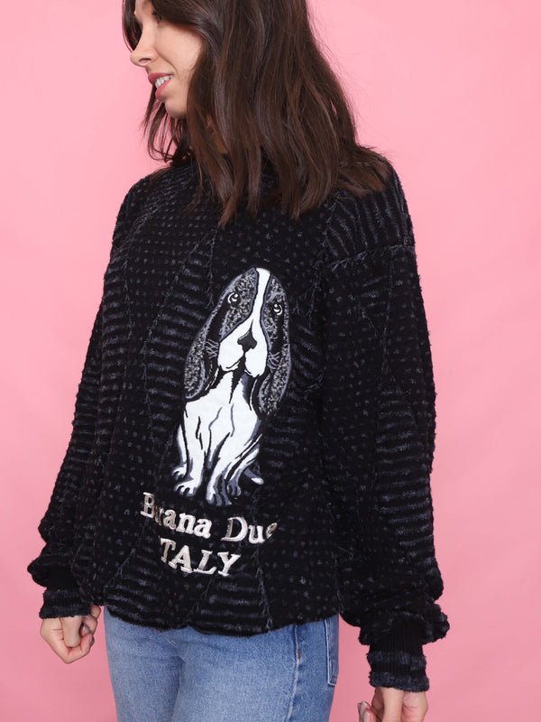 Vintage Dog Embroidered Knit Jumper Black & Grey