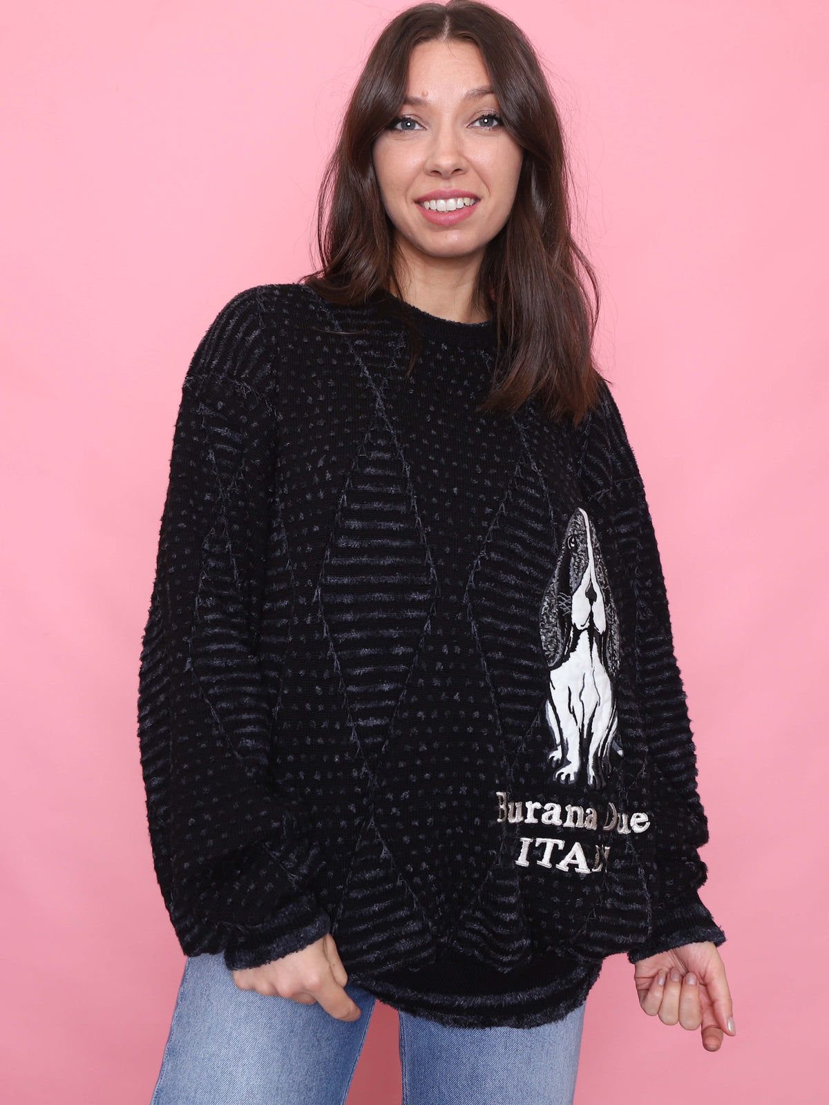 Vintage Dog Embroidered Knit Jumper Black & Grey
