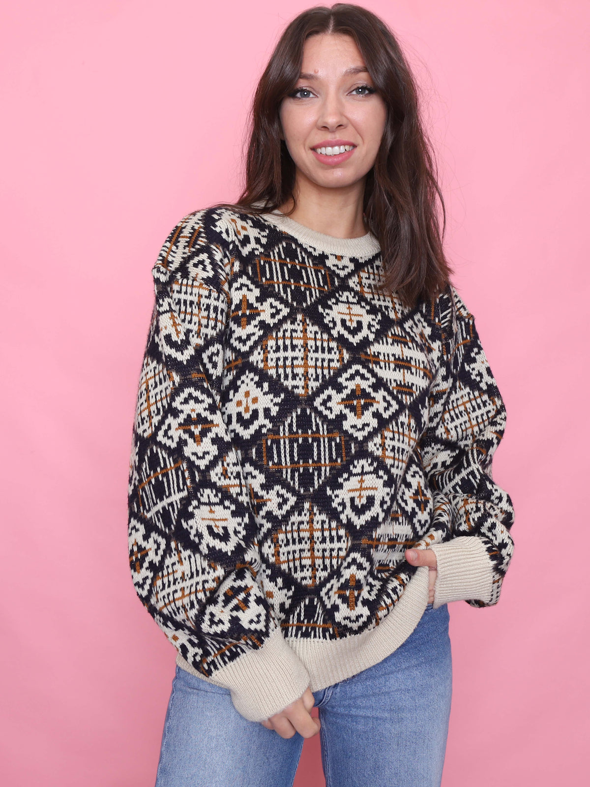 Vintage Geometric Pattern Jumper in Cream & Brown