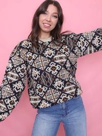 Vintage Geometric Pattern Jumper in Cream & Brown