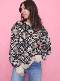 Vintage Geometric Pattern Jumper in Cream & Brown