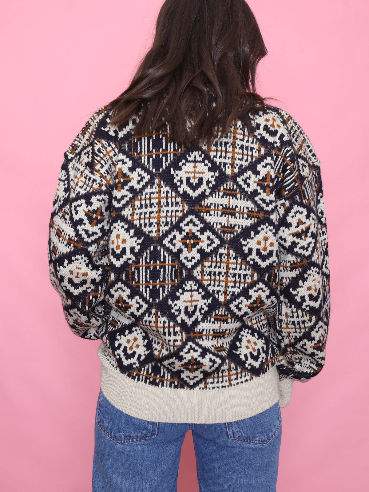 Vintage Geometric Pattern Jumper in Cream & Brown