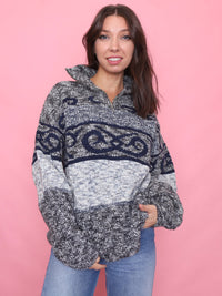 Vintage Pattern 1/4 Zip Knit Jumper in Grey & Navy
