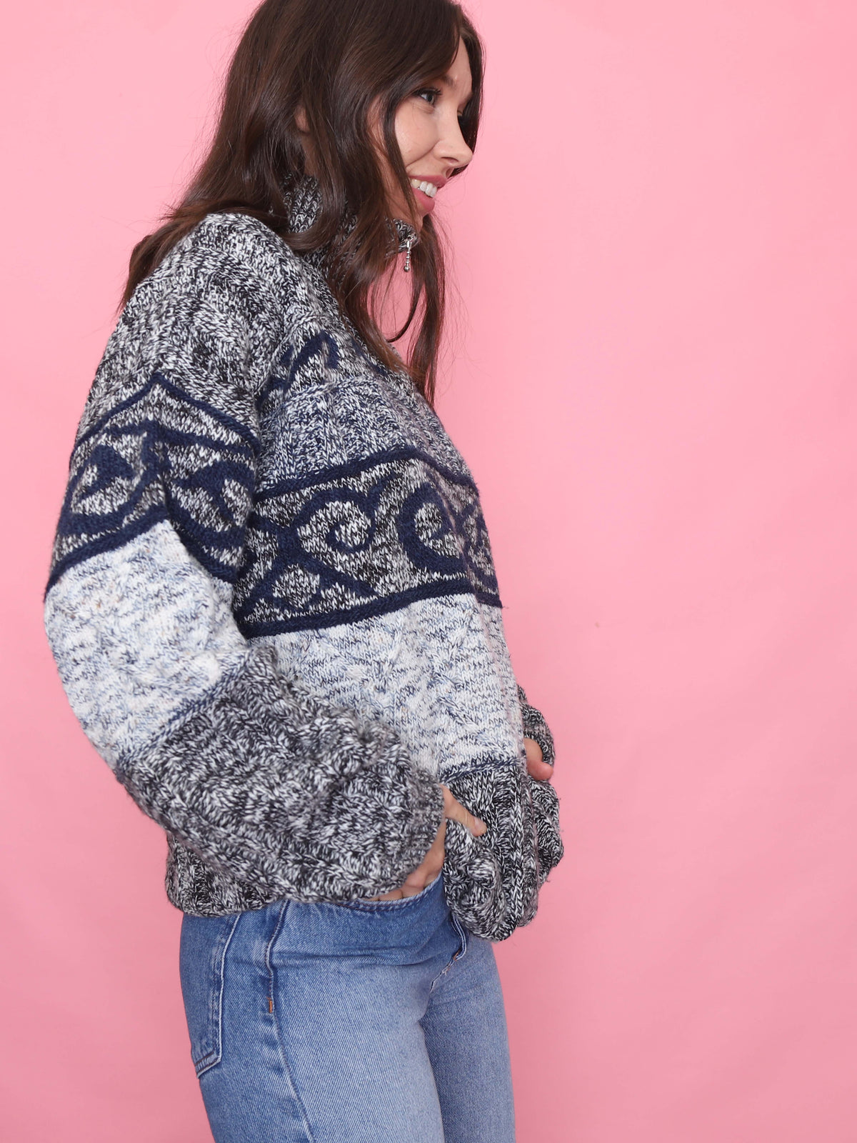 Vintage Pattern 1/4 Zip Knit Jumper in Grey & Navy