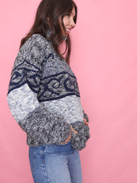 Vintage Pattern 1/4 Zip Knit Jumper in Grey & Navy