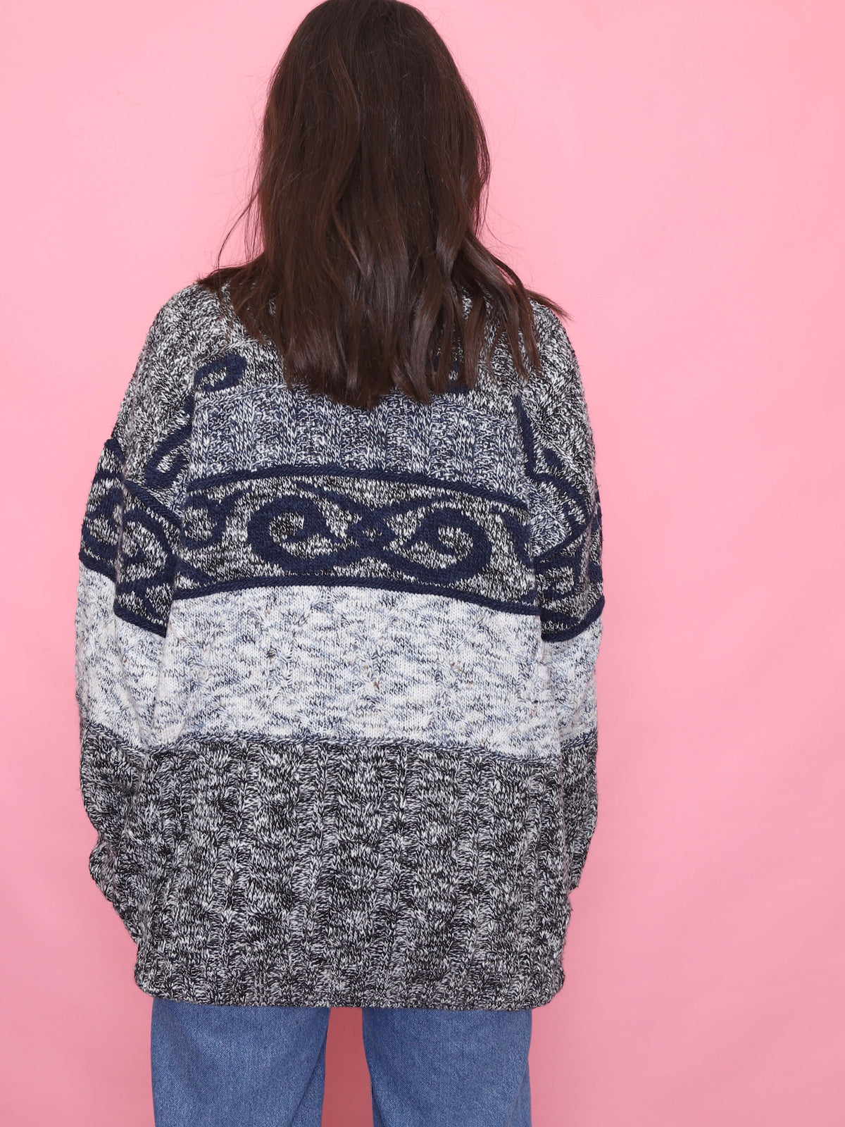 Vintage Pattern 1/4 Zip Knit Jumper in Grey & Navy