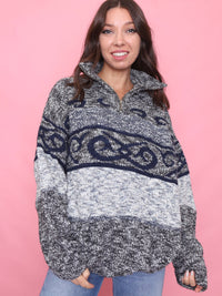 Vintage Pattern 1/4 Zip Knit Jumper in Grey & Navy