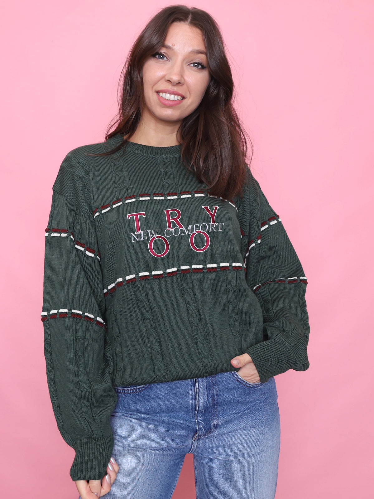 Vintage Embroidered Knit Jumper Wool Green