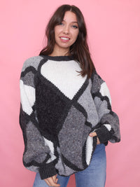 Vintage Diamond Block Pattern Knit Jumper Black, Grey & White
