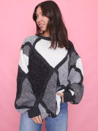 Vintage Diamond Block Pattern Knit Jumper Black, Grey & White