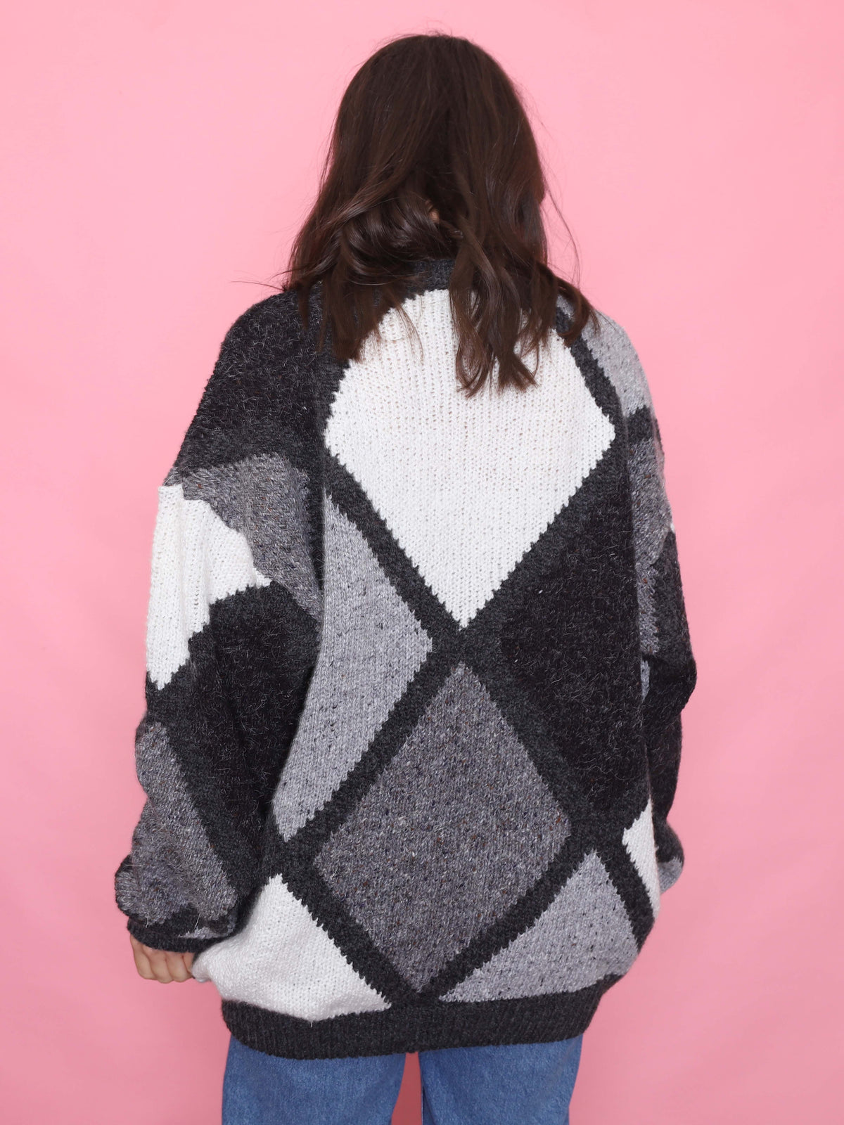 Vintage Diamond Block Pattern Knit Jumper Black, Grey & White