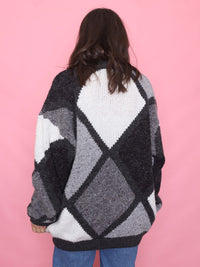 Vintage Diamond Block Pattern Knit Jumper Black, Grey & White