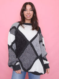 Vintage Diamond Block Pattern Knit Jumper Black, Grey & White