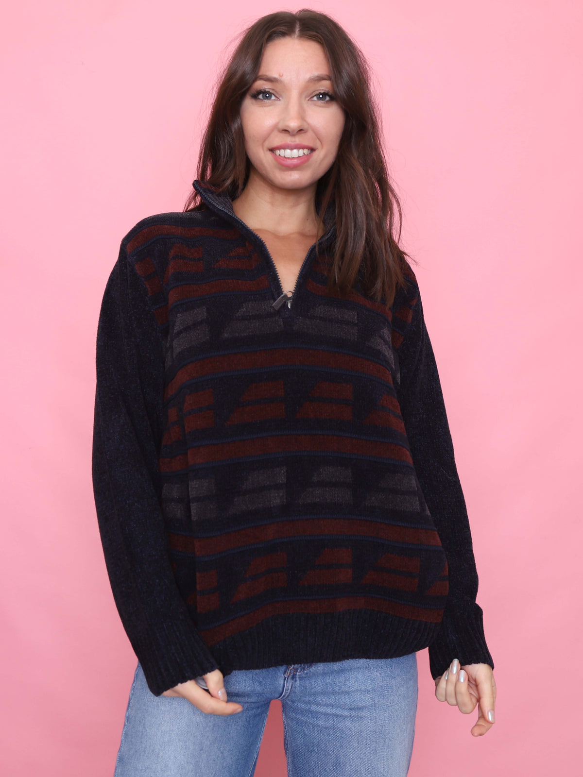 Vintage Navy & Burgundy Half-Zip 1/4 Zip Chenille Knit Jumper