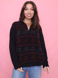 Vintage Navy & Burgundy Half-Zip 1/4 Zip Chenille Knit Jumper