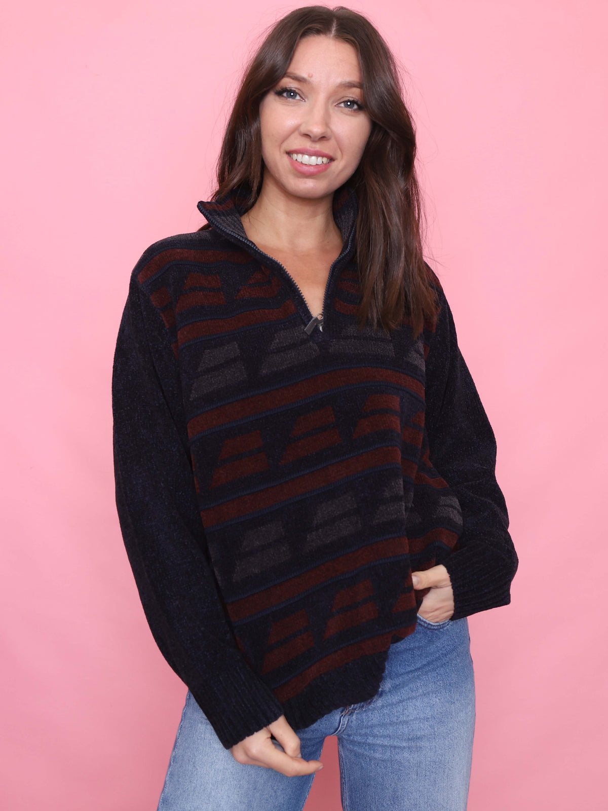 Vintage Navy & Burgundy Half-Zip 1/4 Zip Chenille Knit Jumper