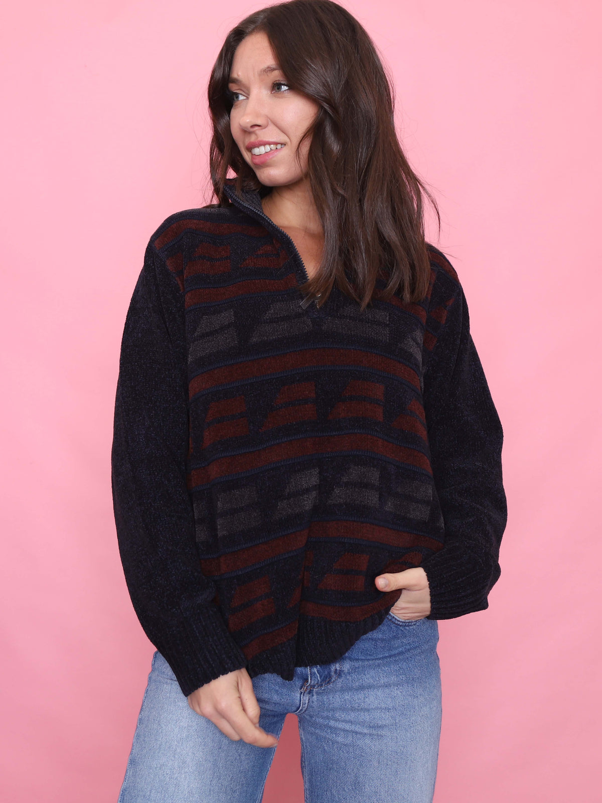 Vintage Navy & Burgundy Half-Zip 1/4 Zip Chenille Knit Jumper