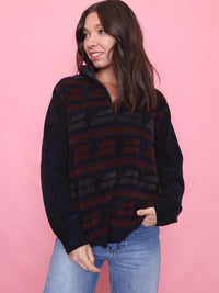 Vintage Navy & Burgundy Half-Zip 1/4 Zip Chenille Knit Jumper