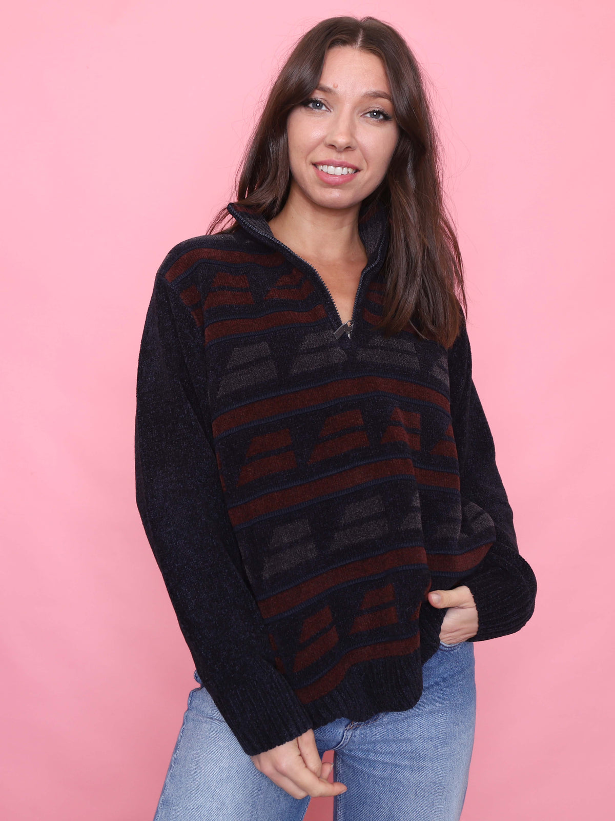 Vintage Navy & Burgundy Half-Zip 1/4 Zip Chenille Knit Jumper