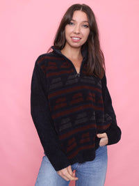 Vintage Navy & Burgundy Half-Zip 1/4 Zip Chenille Knit Jumper
