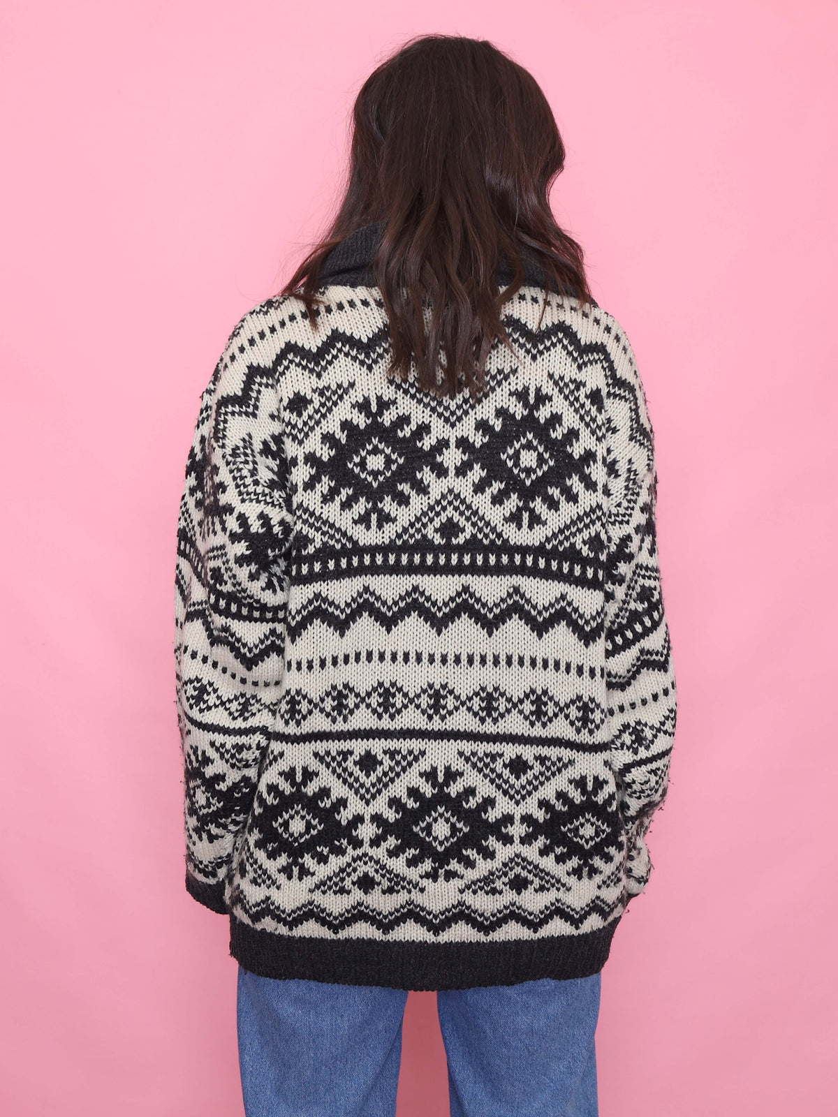 Vintage Pattern 1/4 Zip Chunky Knit Jumper Black & Cream