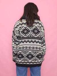 Vintage Pattern 1/4 Zip Chunky Knit Jumper Black & Cream