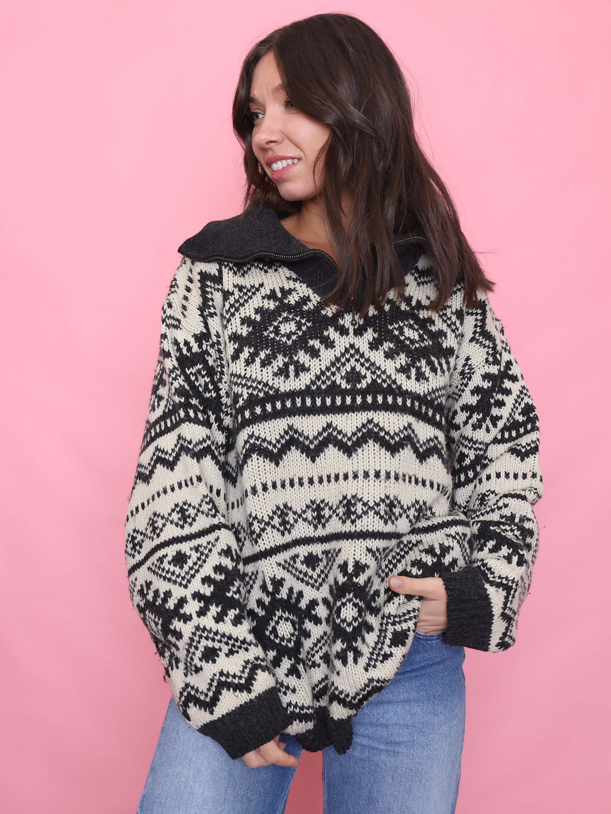 Vintage Pattern 1/4 Zip Chunky Knit Jumper Black & Cream