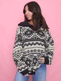 Vintage Pattern 1/4 Zip Chunky Knit Jumper Black & Cream
