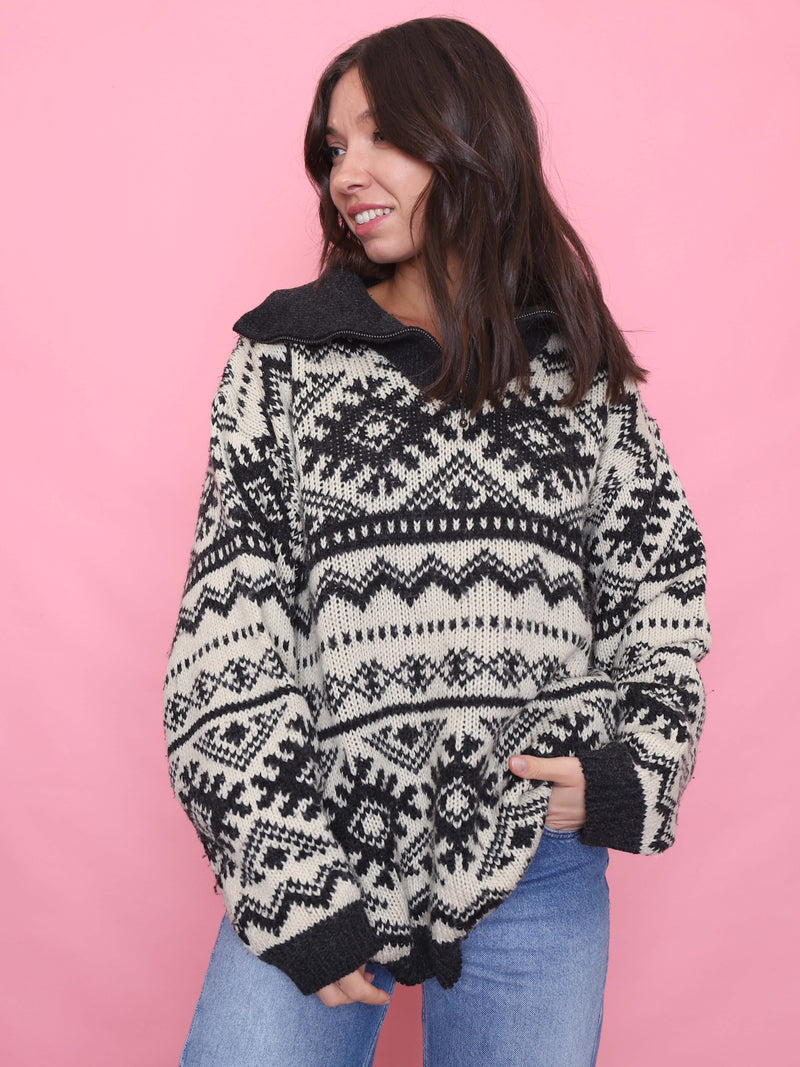 Vintage Pattern 1/4 Zip Chunky Knit Jumper Black & Cream