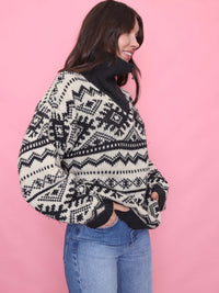 Vintage Pattern 1/4 Zip Chunky Knit Jumper Black & Cream