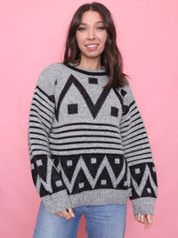 Vintage Geometric Knit Jumper Grey & Black