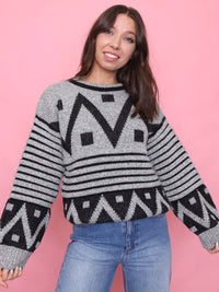 Vintage Geometric Knit Jumper Grey & Black