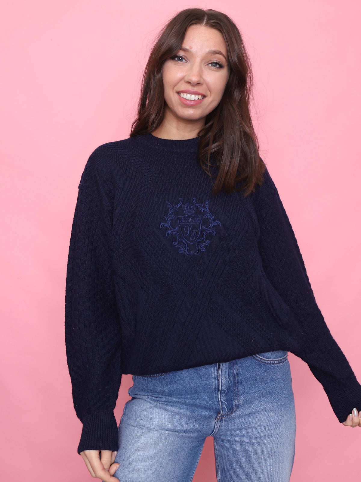 Vintage Pattern Knit  Wool Jumper with Crest Embroidery Navy Blue