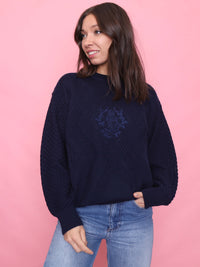 Vintage Pattern Knit  Wool Jumper with Crest Embroidery Navy Blue