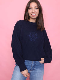 Vintage Pattern Knit  Wool Jumper with Crest Embroidery Navy Blue