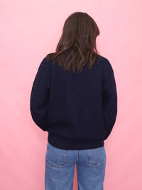 Vintage Pattern Knit  Wool Jumper with Crest Embroidery Navy Blue