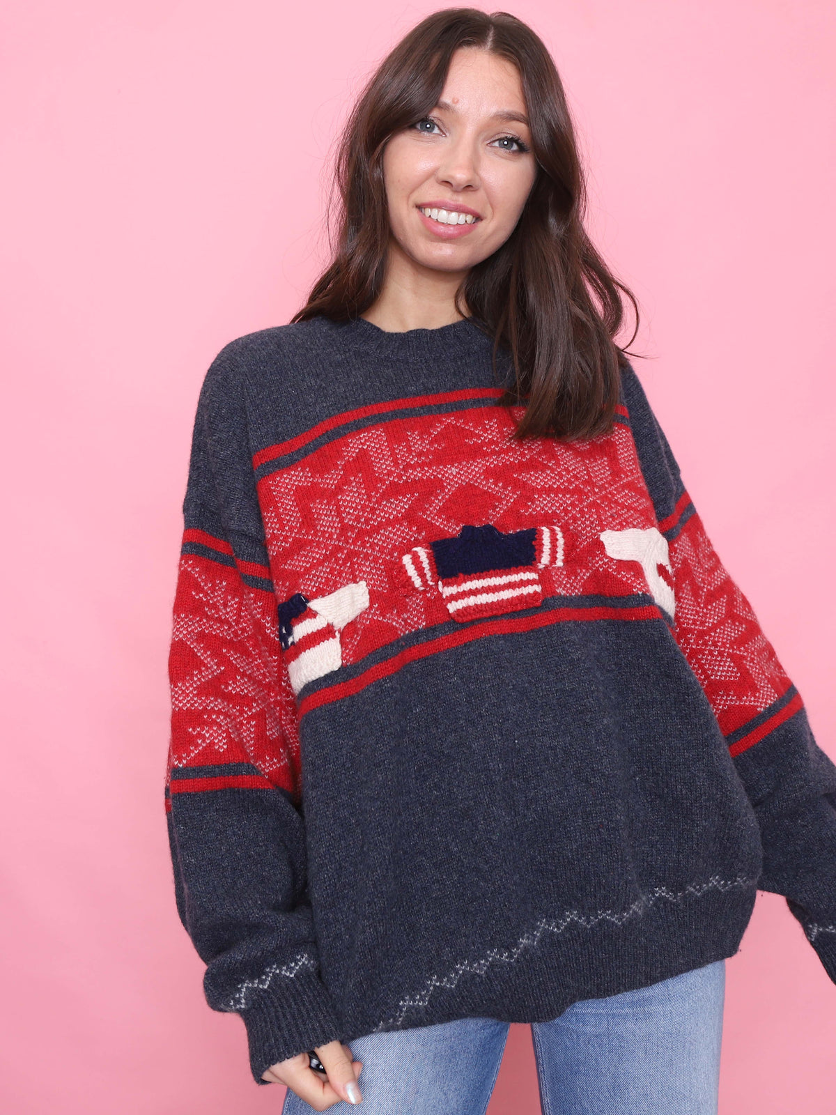 Vintage Festive Knit Jumper Red & Navy