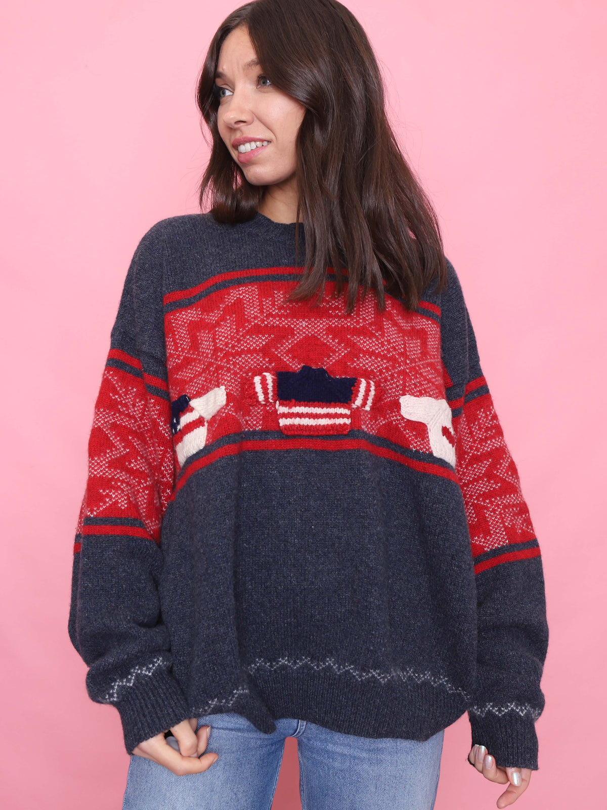 Vintage Festive Knit Jumper Red & Navy