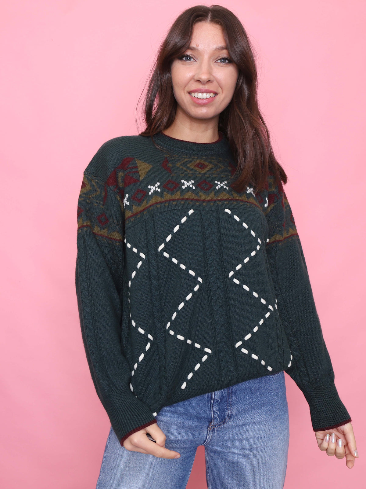 Vintage Pattern Knit Jumper Forest Green