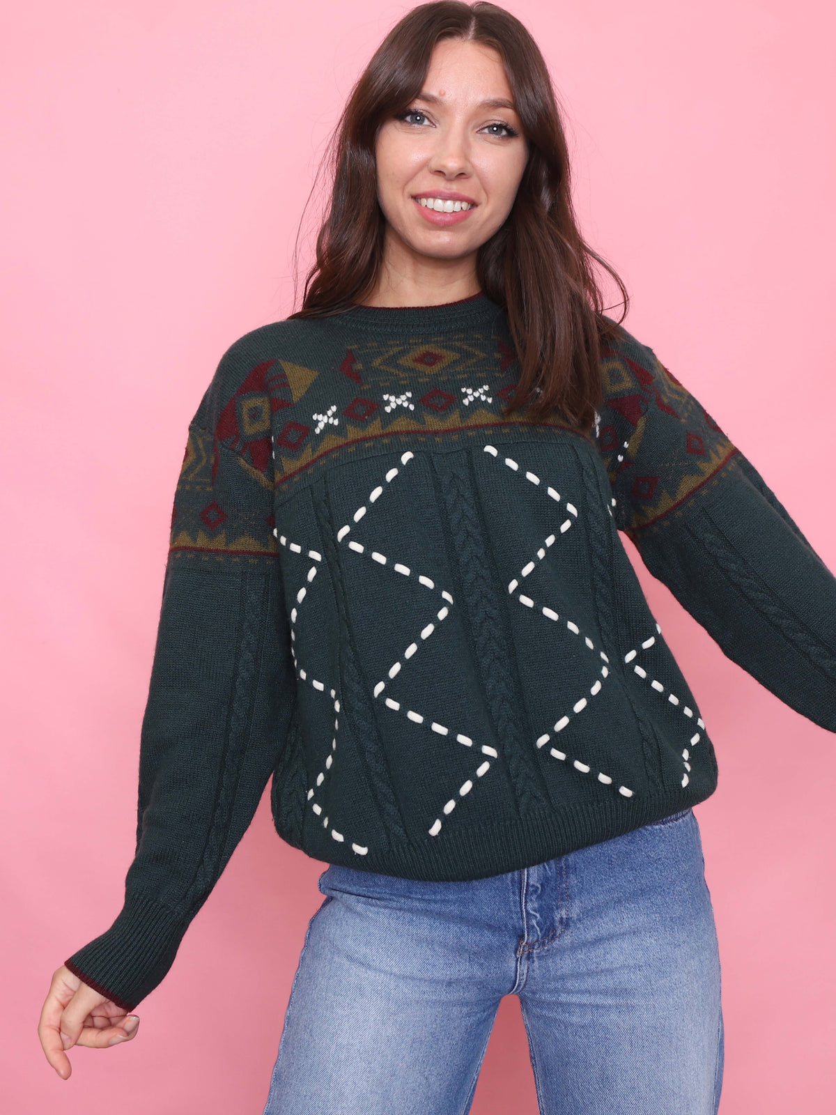 Vintage Pattern Knit Jumper Forest Green