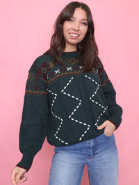 Vintage Pattern Knit Jumper Forest Green