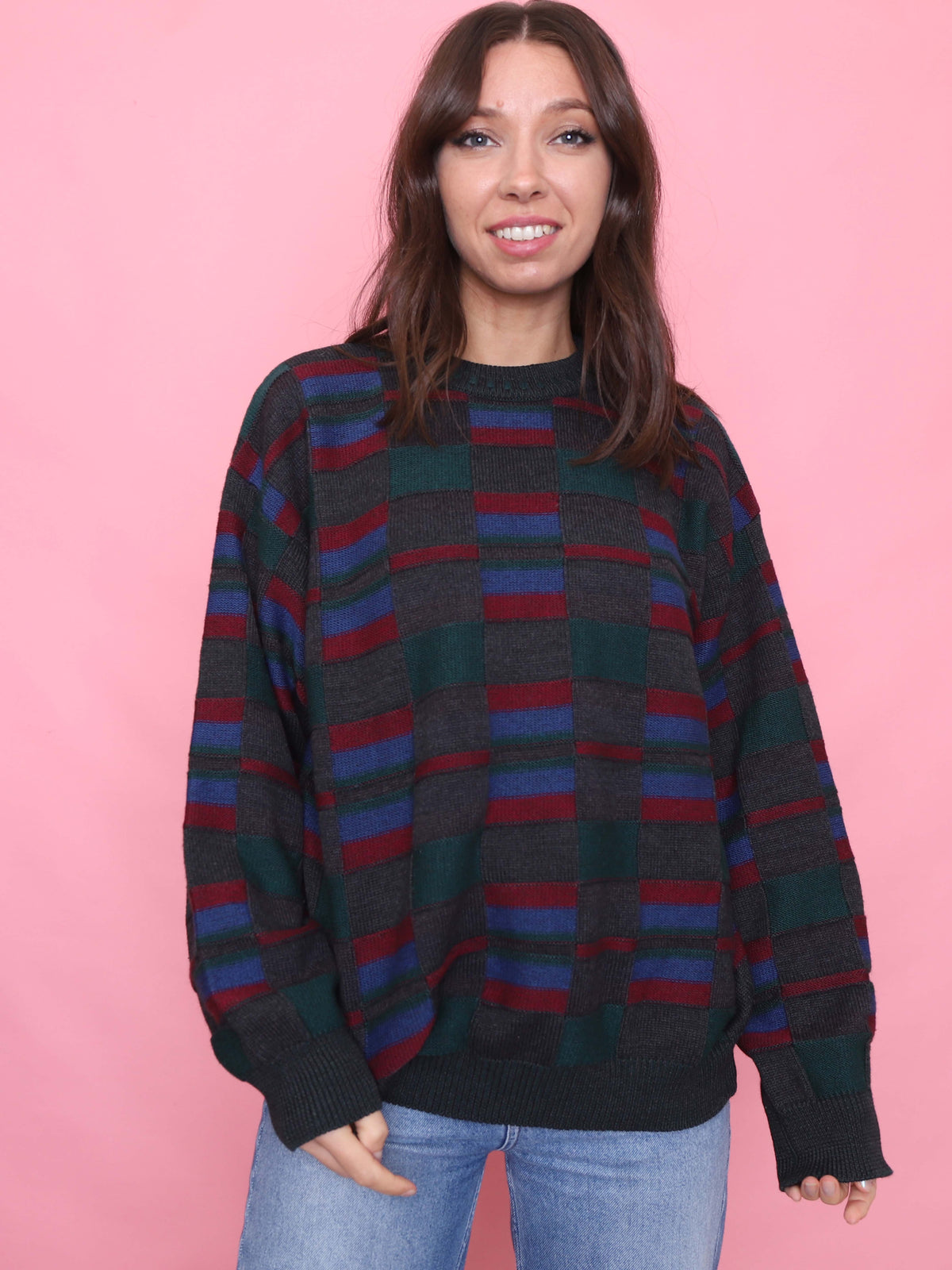 Vintage Block Check Knit Jumper Burgundy, Green & Blue