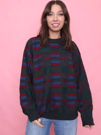 Vintage Block Check Knit Jumper Burgundy, Green & Blue