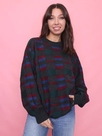 Vintage Block Check Knit Jumper Burgundy, Green & Blue