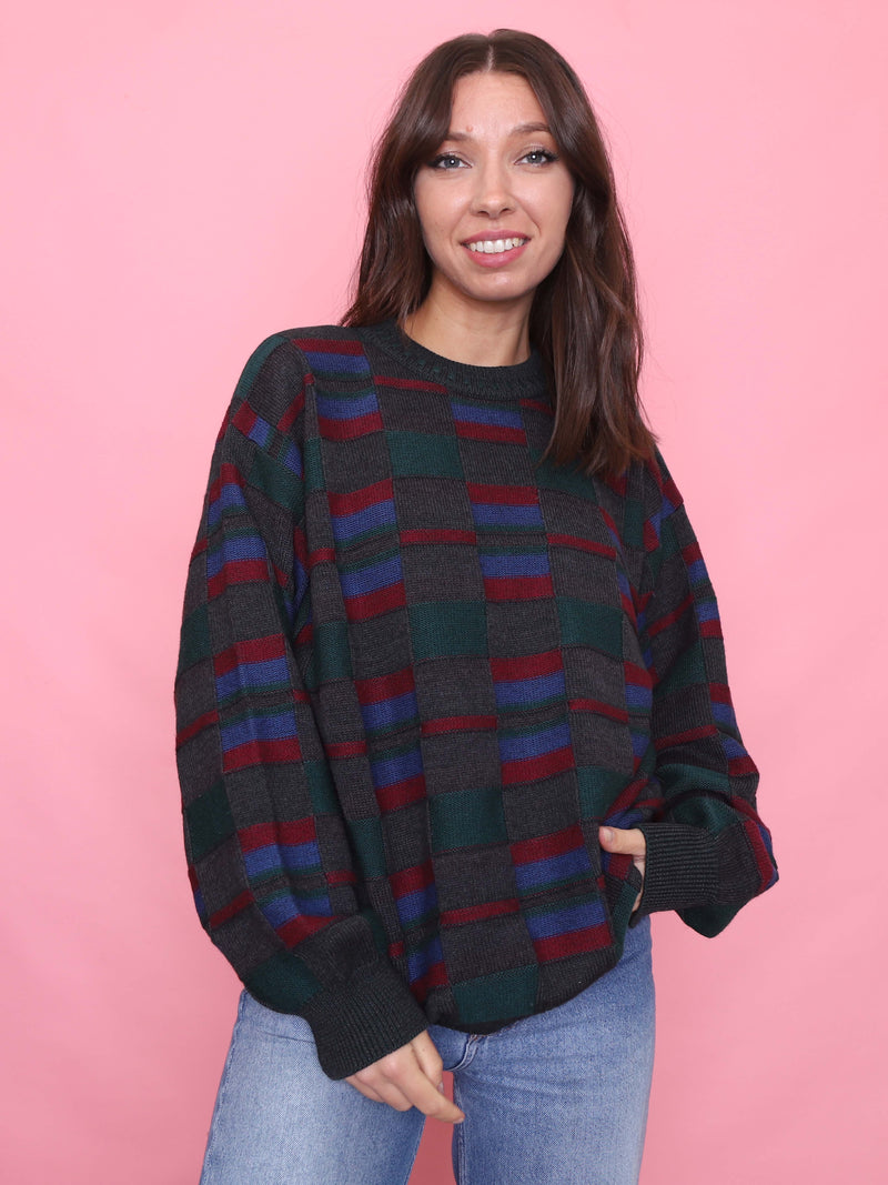 Vintage Block Check Knit Jumper Burgundy, Green & Blue