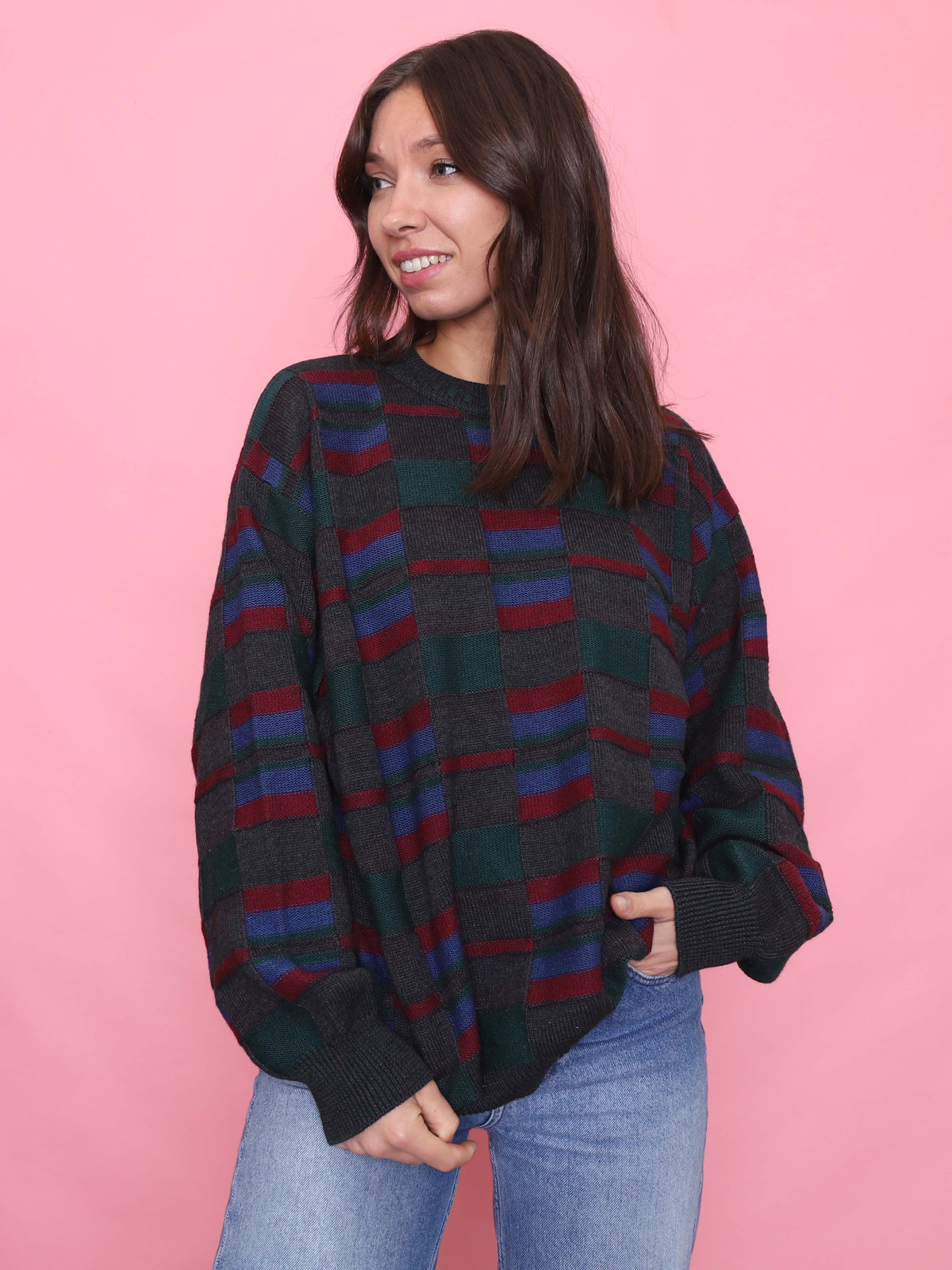Vintage Block Check Knit Jumper Burgundy, Green & Blue